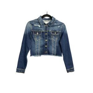 Kancan Estilo Distressed Cropped Denim Jean Jacket Women SZ XS Stretchy Classic